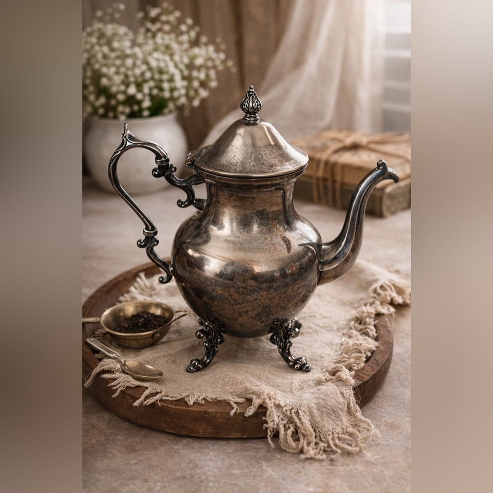 Vintage Silver on Copper Teapot – Footed Ornate Design (Circa 1940s–1960s)